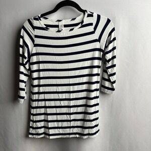 Yala Bamboo Viscose Striped 3/4 Sleeve Top Navy White Boat Neck Tee S French